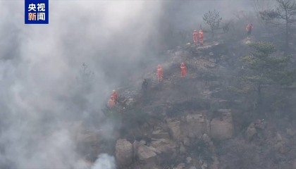 山西阳泉李家山火情：悬崖上用灭火弹扑救零星燃点