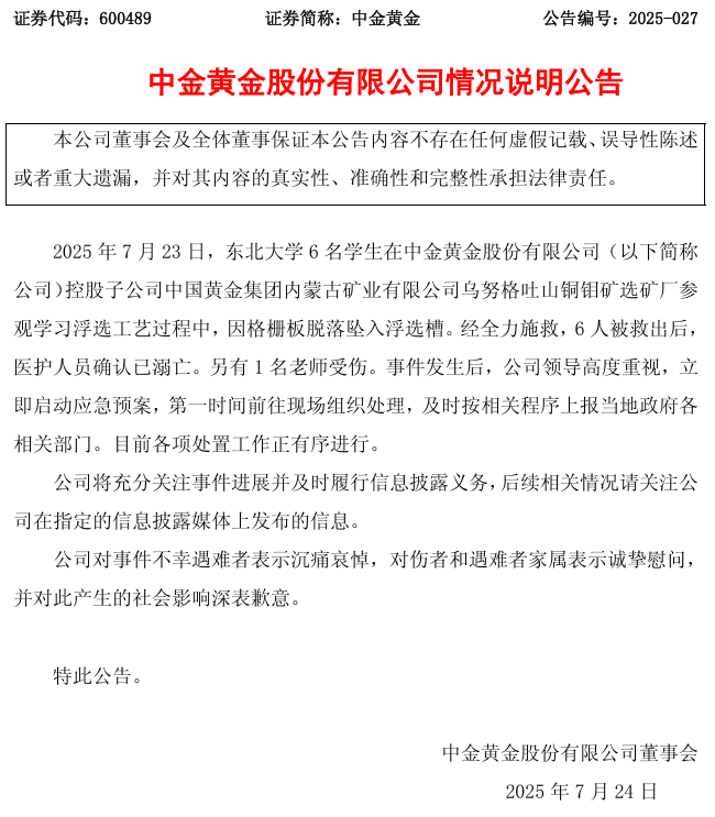 刚刚!中金黄金发布情况说明
